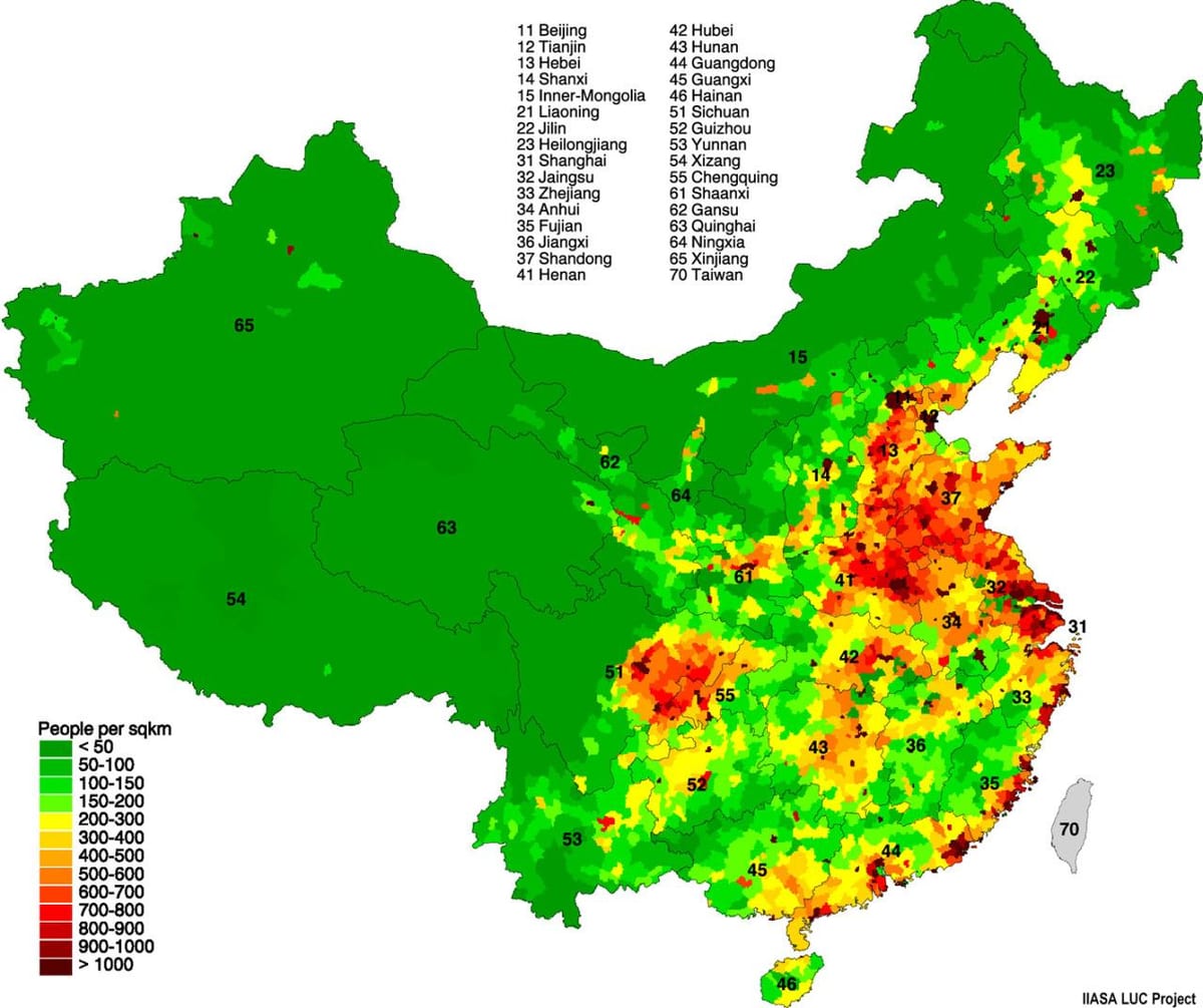 карта розподілу населення Китаю
