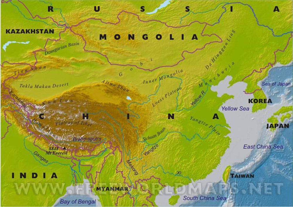 карта Китаю з географічними особливостями